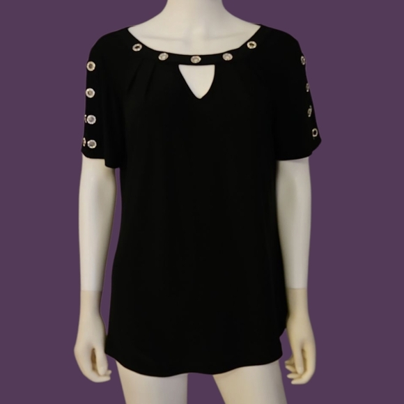 PERSEPTION CONCEPT Black Rivet Embellished Short Sleeve Keyhole Top - Picture 1 of 8